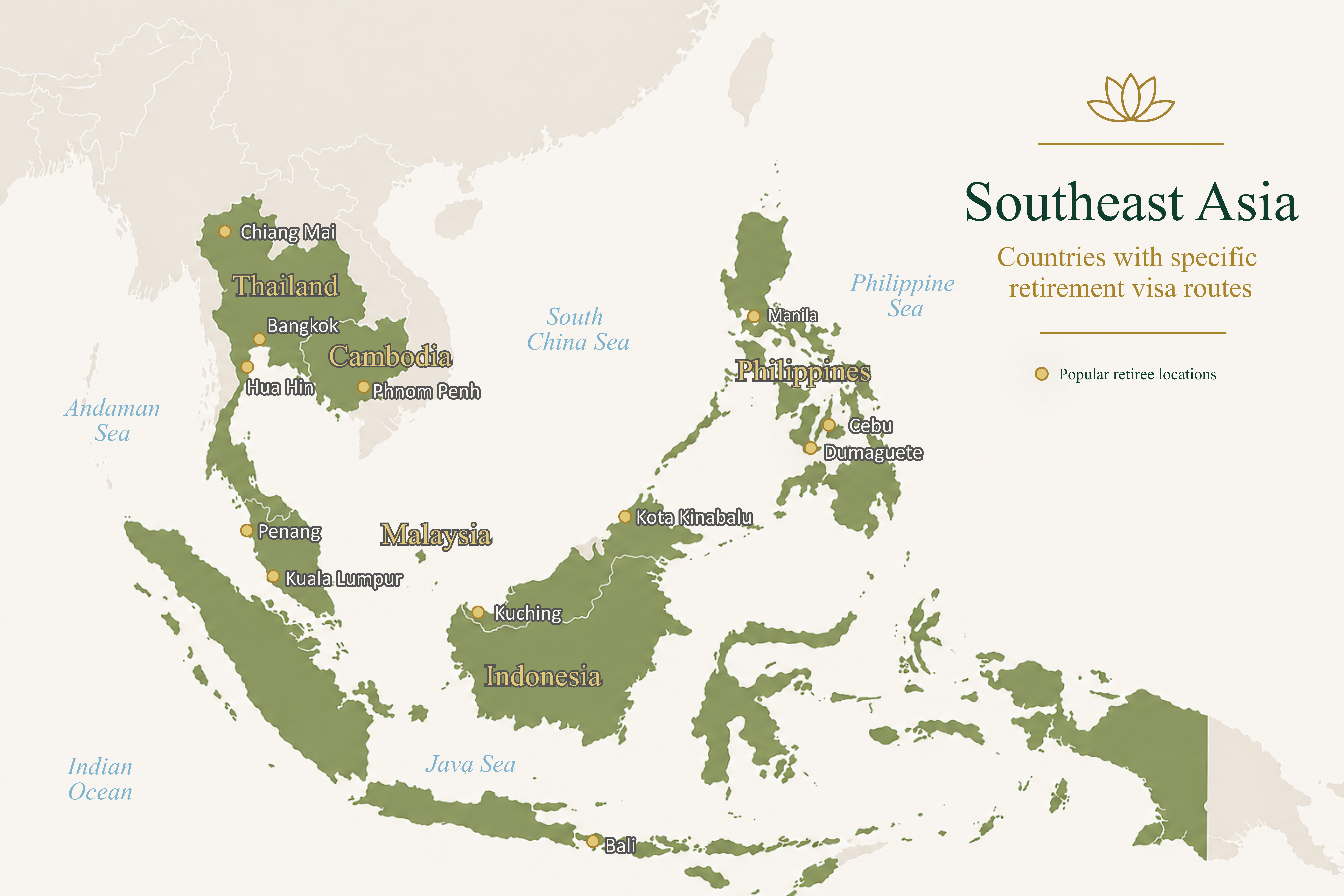 Map of Southeast Asia highlighting Malaysia, Thailand, Cambodia, the Philippines and Indonesia